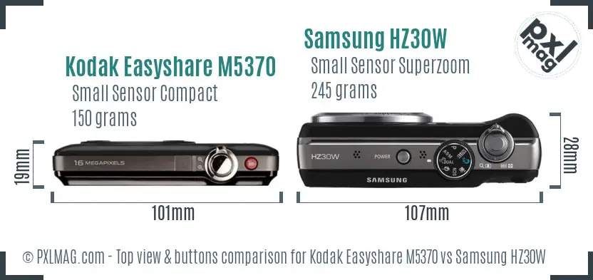 Kodak Easyshare M5370 vs Samsung HZ30W top view buttons comparison