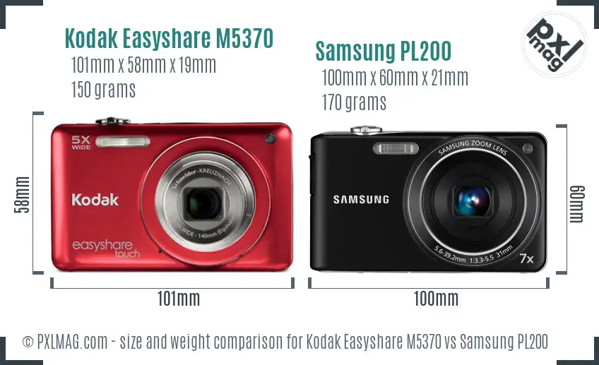 Kodak Easyshare M5370 vs Samsung PL200 size comparison