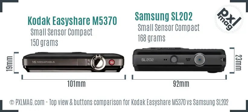 Kodak Easyshare M5370 vs Samsung SL202 top view buttons comparison Kodak Easyshare M5370 vs Samsung SL202 top view buttons comparison