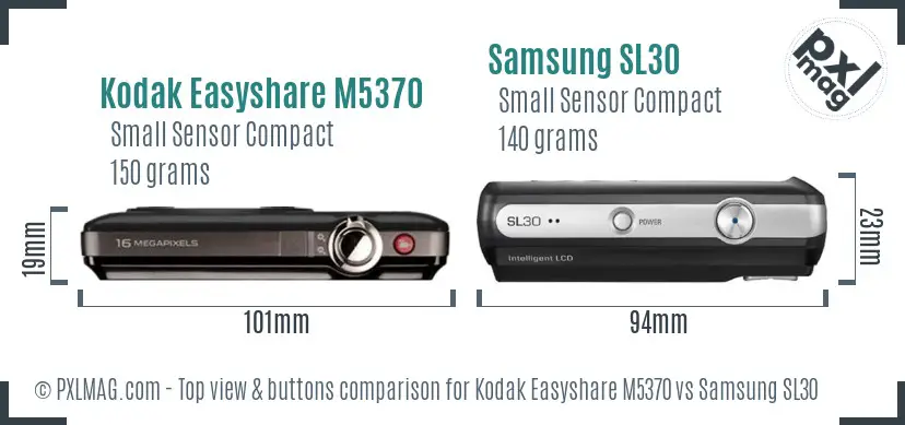 Kodak Easyshare M5370 vs Samsung SL30 top view buttons comparison Kodak Easyshare M5370 vs Samsung SL30 top view buttons comparison