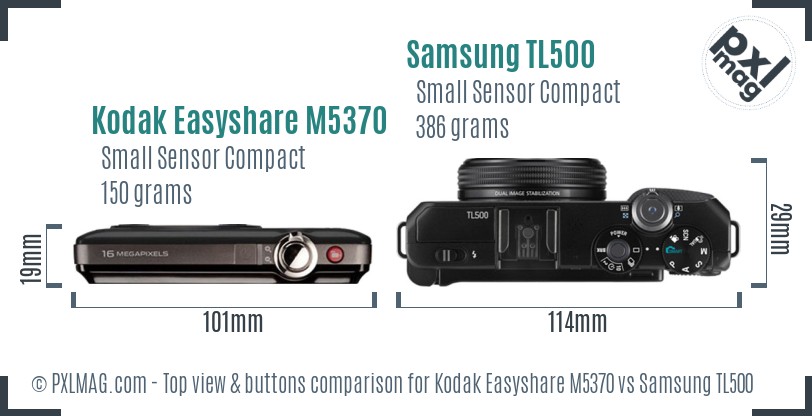 Kodak Easyshare M5370 vs Samsung TL500 top view buttons comparison