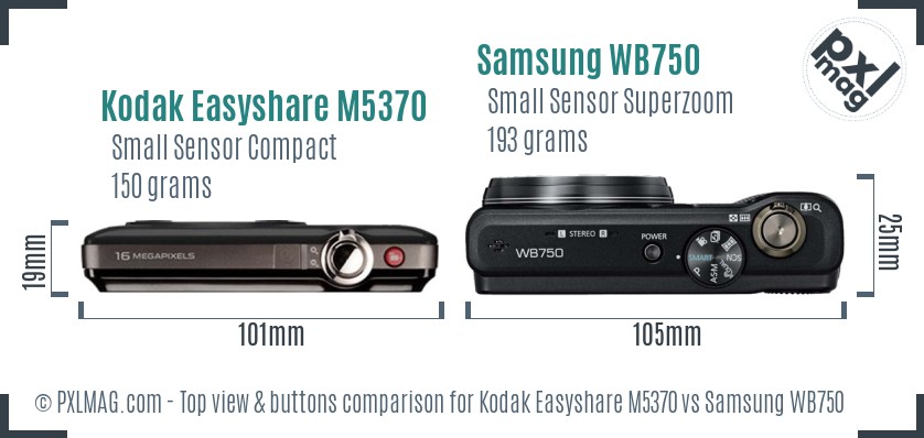 Kodak Easyshare M5370 vs Samsung WB750 top view buttons comparison