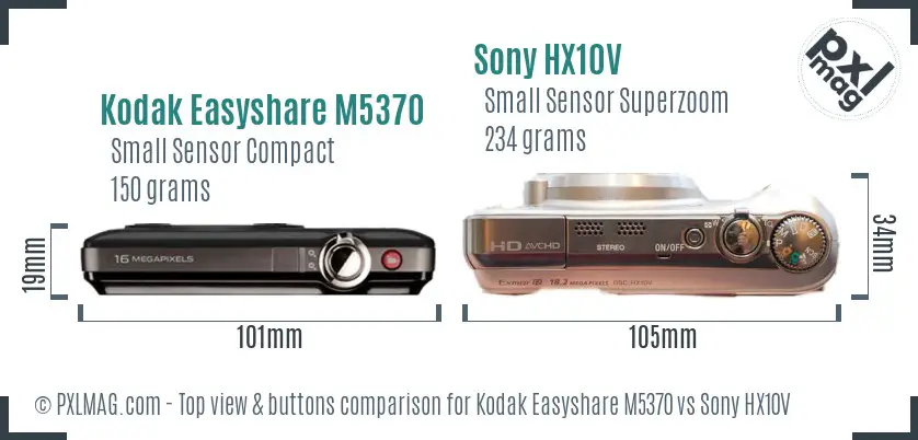 Kodak Easyshare M5370 vs Sony HX10V top view buttons comparison Kodak Easyshare M5370 vs Sony HX10V top view buttons comparison
