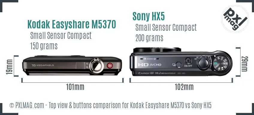 Kodak Easyshare M5370 vs Sony HX5 top view buttons comparison