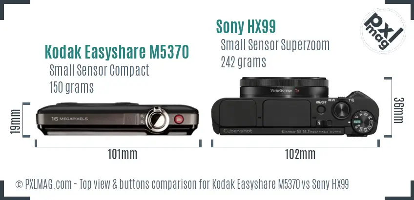 Kodak Easyshare M5370 vs Sony HX99 top view buttons comparison Kodak Easyshare M5370 vs Sony HX99 top view buttons comparison