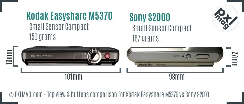 Kodak Easyshare M5370 vs Sony S2000 top view buttons comparison Kodak Easyshare M5370 vs Sony S2000 top view buttons comparison