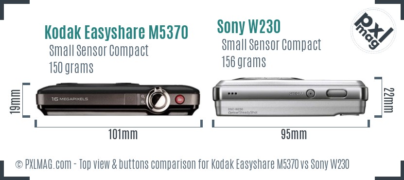Kodak Easyshare M5370 vs Sony W230 top view buttons comparison
