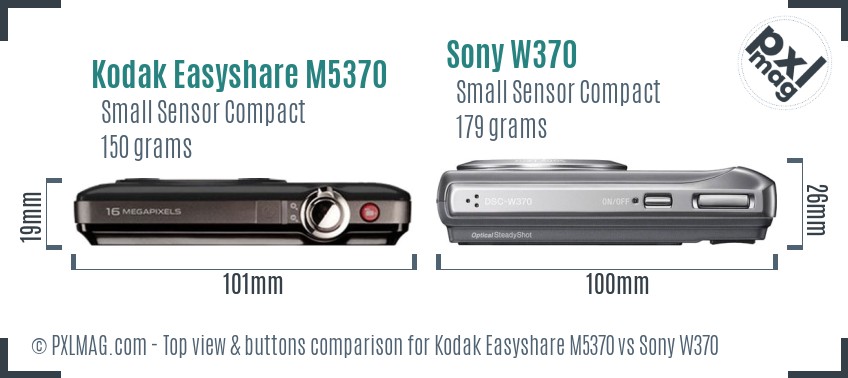 Kodak Easyshare M5370 vs Sony W370 top view buttons comparison