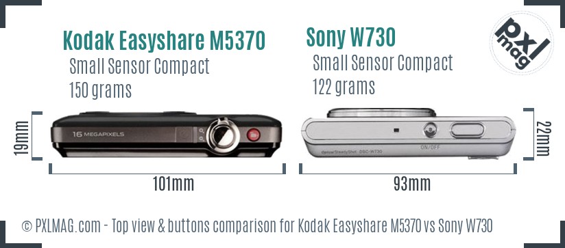 Kodak Easyshare M5370 vs Sony W730 top view buttons comparison