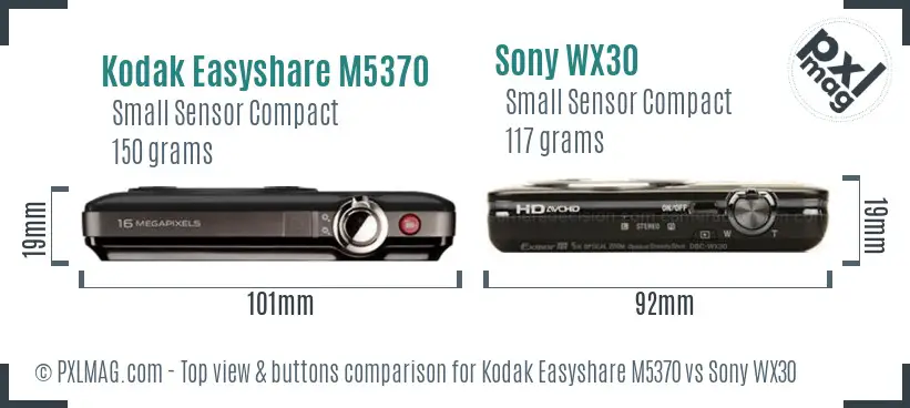 Kodak Easyshare M5370 vs Sony WX30 top view buttons comparison