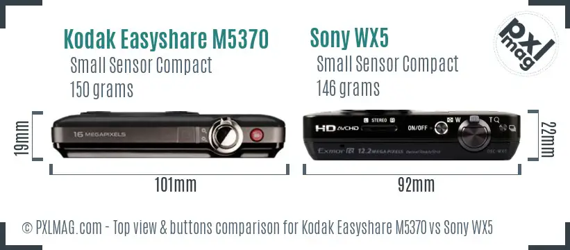 Kodak Easyshare M5370 vs Sony WX5 top view buttons comparison Kodak Easyshare M5370 vs Sony WX5 top view buttons comparison