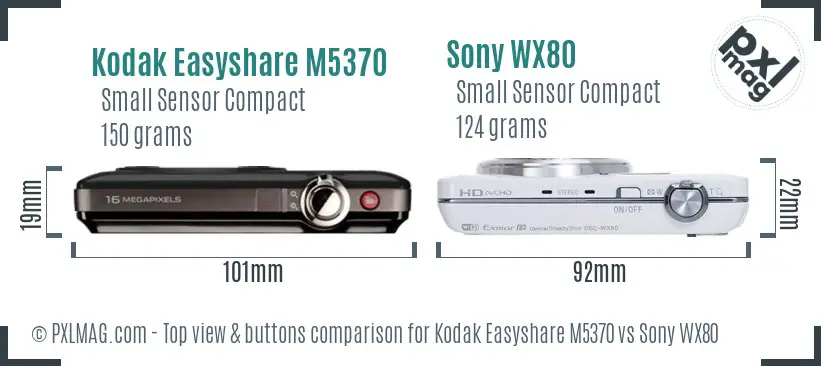 Kodak Easyshare M5370 vs Sony WX80 top view buttons comparison Kodak Easyshare M5370 vs Sony WX80 top view buttons comparison