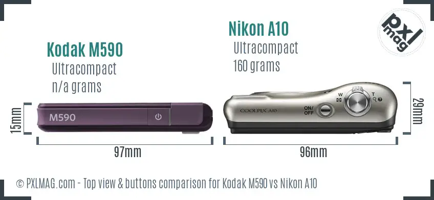 Kodak M590 vs Nikon A10 top view buttons comparison