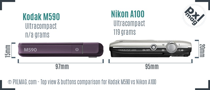 Kodak M590 vs Nikon A100 top view buttons comparison