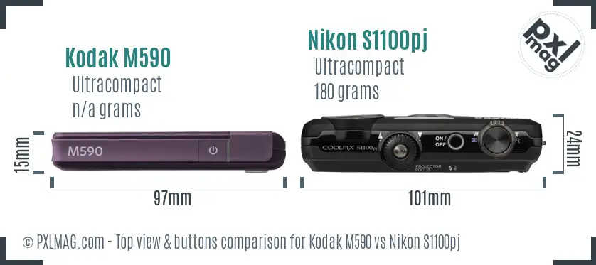 Kodak M590 vs Nikon S1100pj top view buttons comparison Kodak M590 vs Nikon S1100pj top view buttons comparison