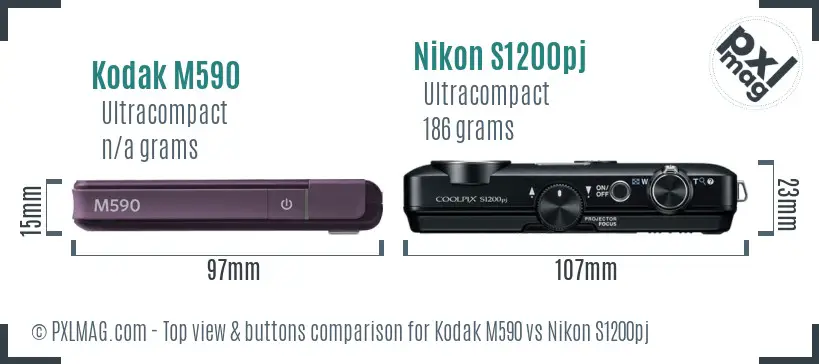 Kodak M590 vs Nikon S1200pj top view buttons comparison
