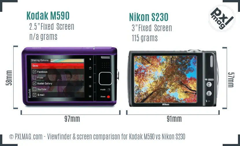Kodak M590 vs Nikon S230 Screen and Viewfinder comparison