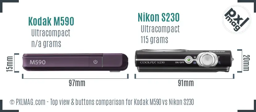 Kodak M590 vs Nikon S230 top view buttons comparison