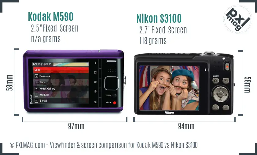 Kodak M590 vs Nikon S3100 Screen and Viewfinder comparison