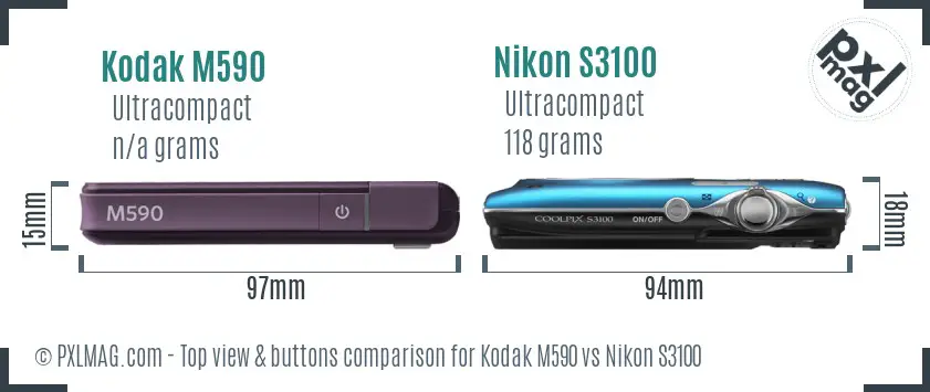 Kodak M590 vs Nikon S3100 top view buttons comparison