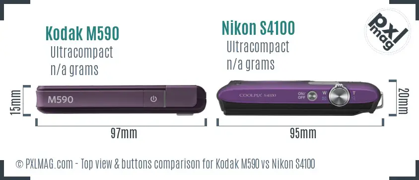 Kodak M590 vs Nikon S4100 top view buttons comparison