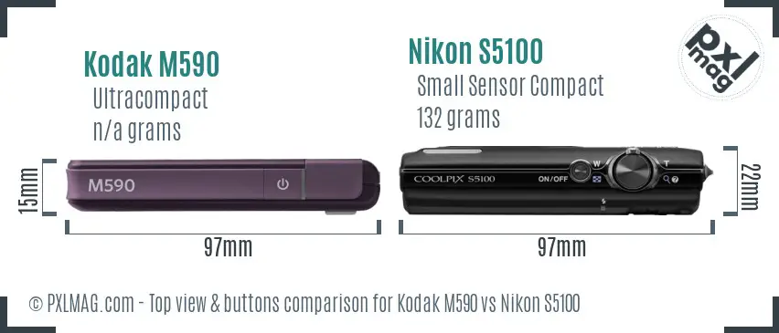 Kodak M590 vs Nikon S5100 top view buttons comparison