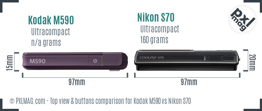 Kodak M590 vs Nikon S70 top view buttons comparison