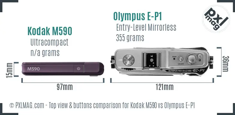 Kodak M590 vs Olympus E-P1 top view buttons comparison