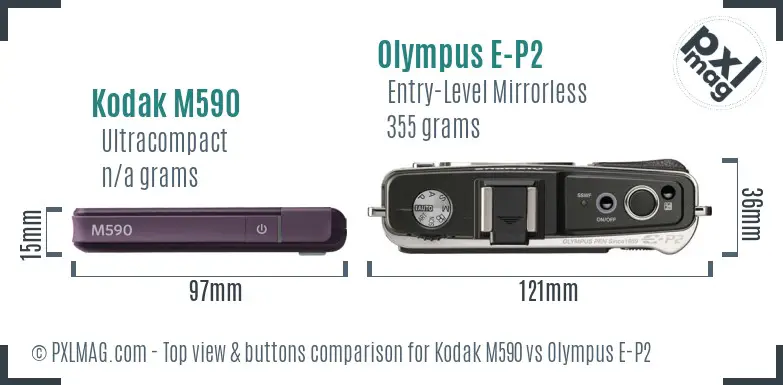 Kodak M590 vs Olympus E-P2 top view buttons comparison