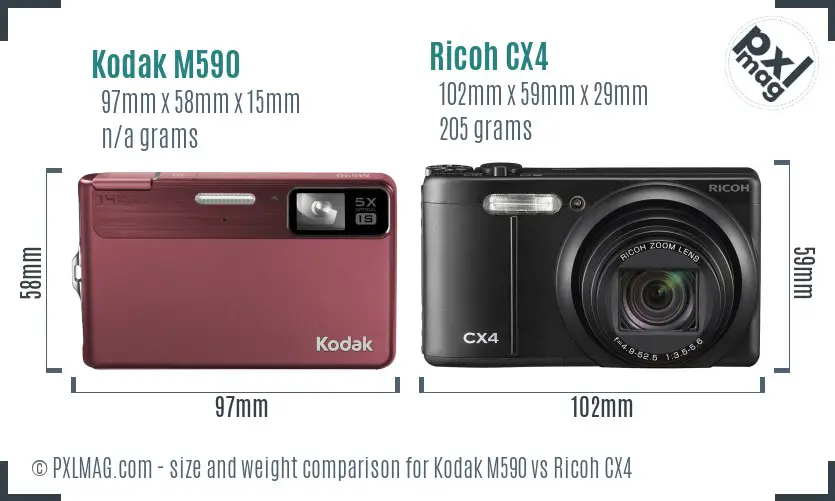 Kodak M590 vs Ricoh CX4 size comparison