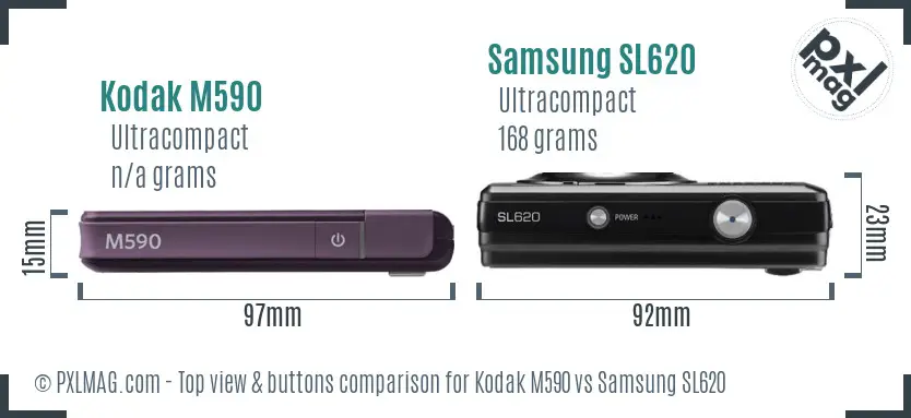 Kodak M590 vs Samsung SL620 top view buttons comparison Kodak M590 vs Samsung SL620 top view buttons comparison
