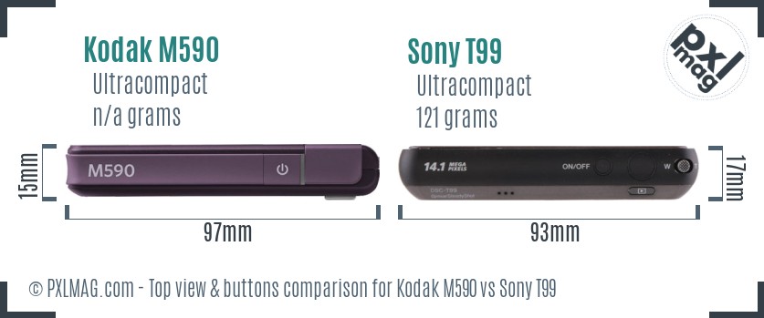 Kodak M590 vs Sony T99 top view buttons comparison Kodak M590 vs Sony T99 top view buttons comparison