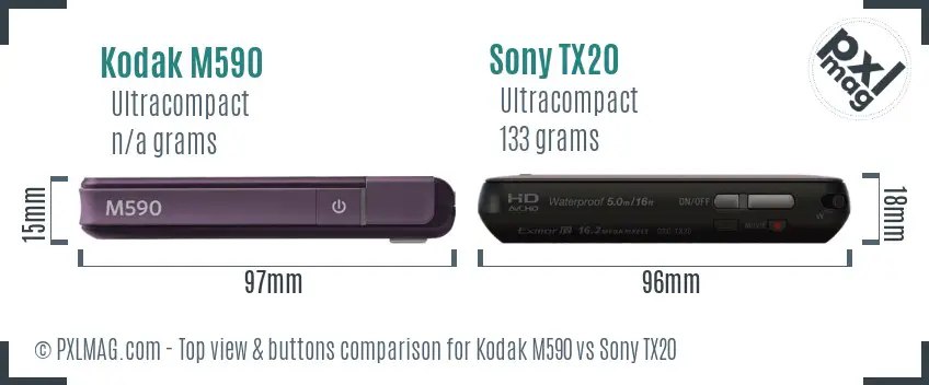 Kodak M590 vs Sony TX20 top view buttons comparison