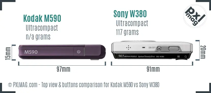 Kodak M590 vs Sony W380 top view buttons comparison Kodak M590 vs Sony W380 top view buttons comparison