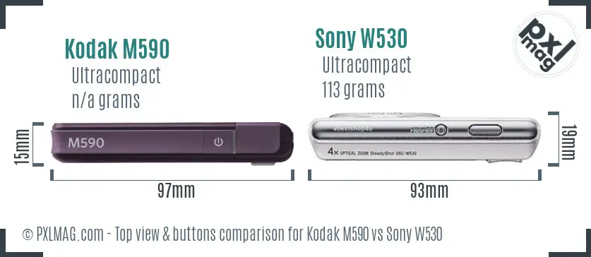 Kodak M590 vs Sony W530 top view buttons comparison