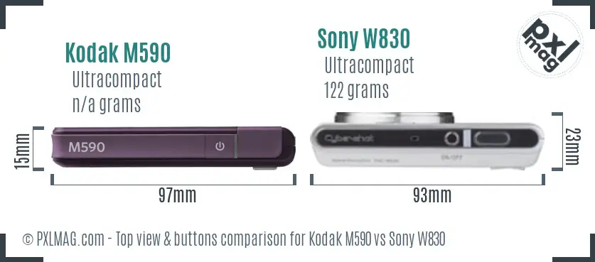 Kodak M590 vs Sony W830 top view buttons comparison