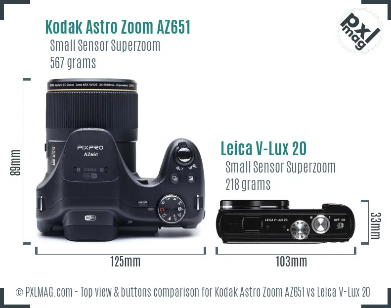 Kodak Astro Zoom AZ651 vs Leica V-Lux 20 top view buttons comparison
