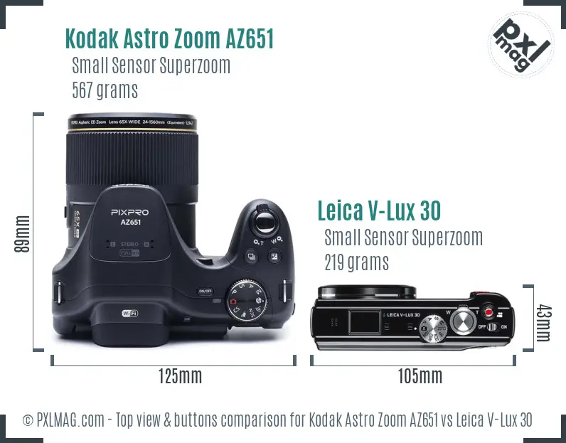 Kodak Astro Zoom AZ651 vs Leica V-Lux 30 top view buttons comparison Kodak Astro Zoom AZ651 vs Leica V-Lux 30 top view buttons comparison