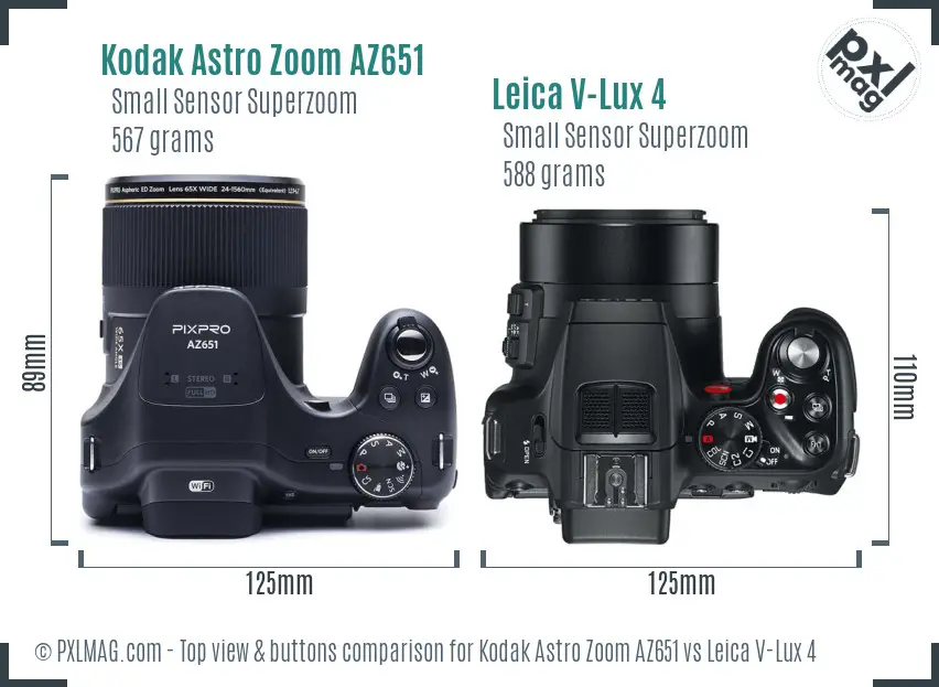 Kodak Astro Zoom AZ651 vs Leica V-Lux 4 top view buttons comparison