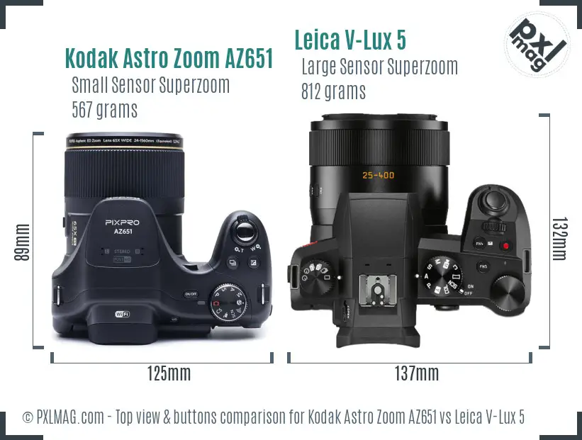 Kodak Astro Zoom AZ651 vs Leica V-Lux 5 top view buttons comparison