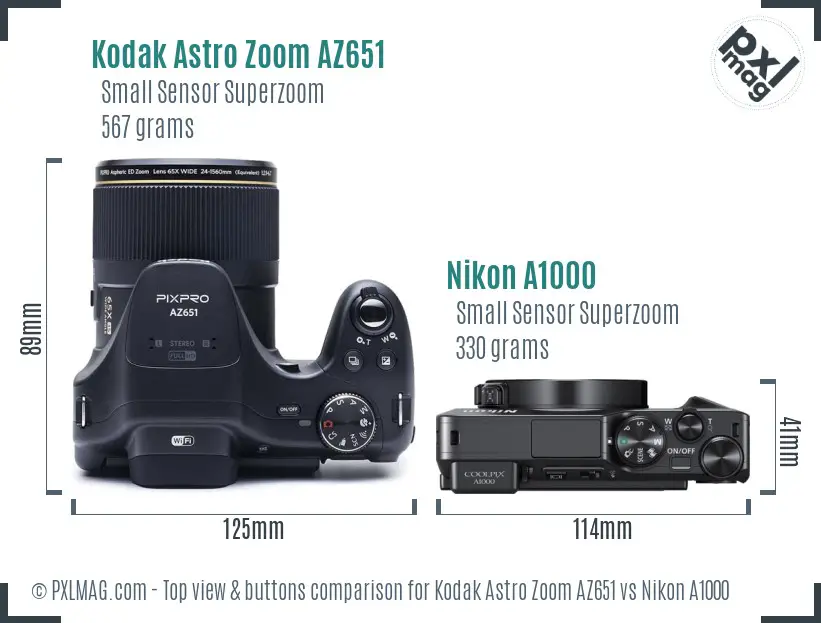 Kodak Astro Zoom AZ651 vs Nikon A1000 top view buttons comparison