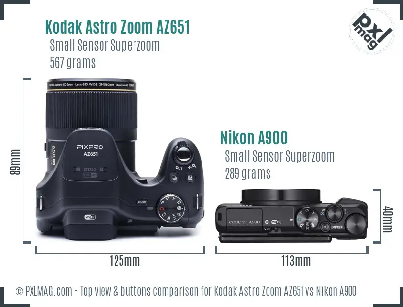 Kodak Astro Zoom AZ651 vs Nikon A900 top view buttons comparison