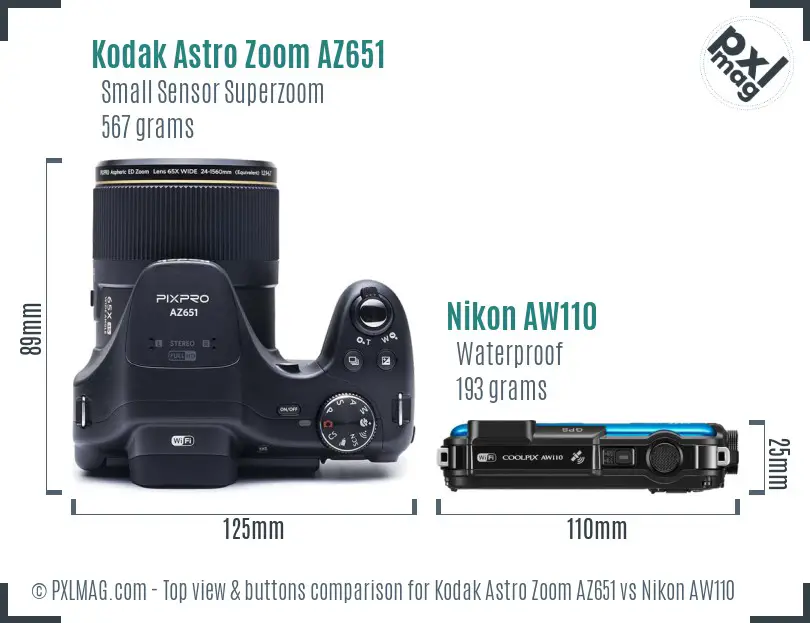 Kodak Astro Zoom AZ651 vs Nikon AW110 top view buttons comparison
