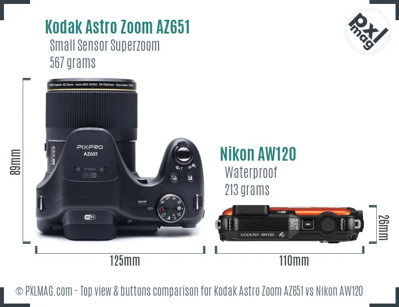 Kodak Astro Zoom AZ651 vs Nikon AW120 top view buttons comparison Kodak Astro Zoom AZ651 vs Nikon AW120 top view buttons comparison