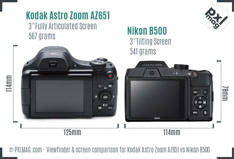 Kodak Astro Zoom AZ651 vs Nikon B500 Screen and Viewfinder comparison