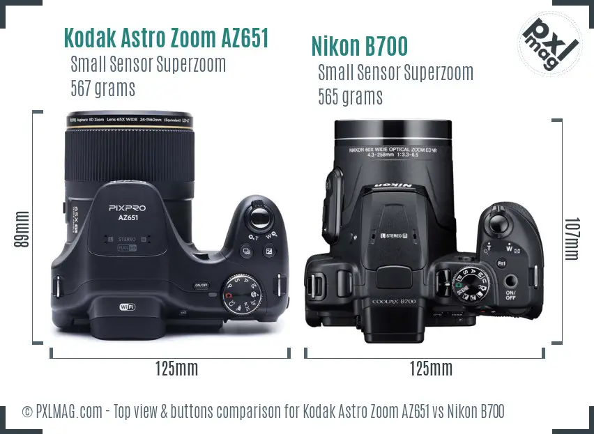 Kodak Astro Zoom AZ651 vs Nikon B700 top view buttons comparison