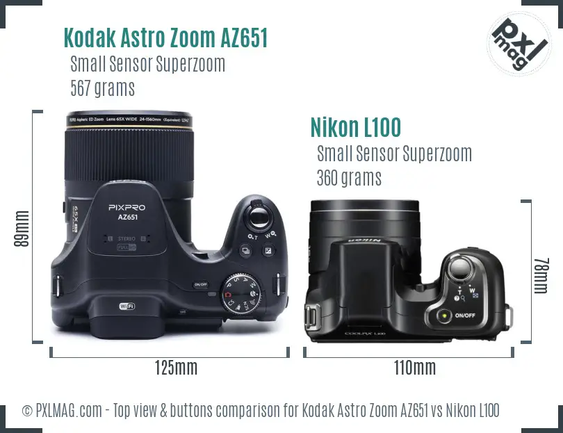 Kodak Astro Zoom AZ651 vs Nikon L100 top view buttons comparison Kodak Astro Zoom AZ651 vs Nikon L100 top view buttons comparison