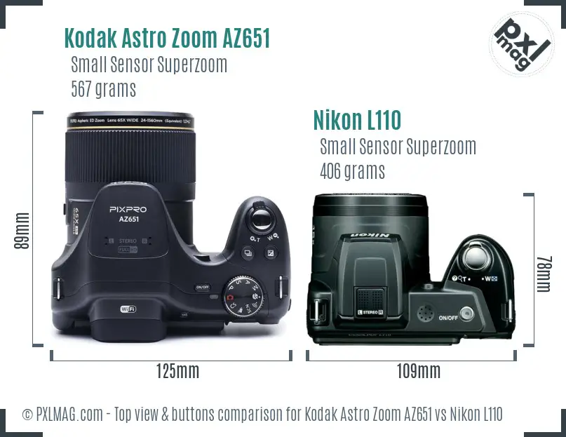 Kodak Astro Zoom AZ651 vs Nikon L110 top view buttons comparison
