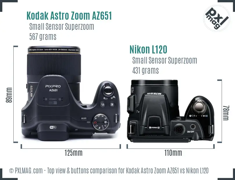 Kodak Astro Zoom AZ651 vs Nikon L120 top view buttons comparison