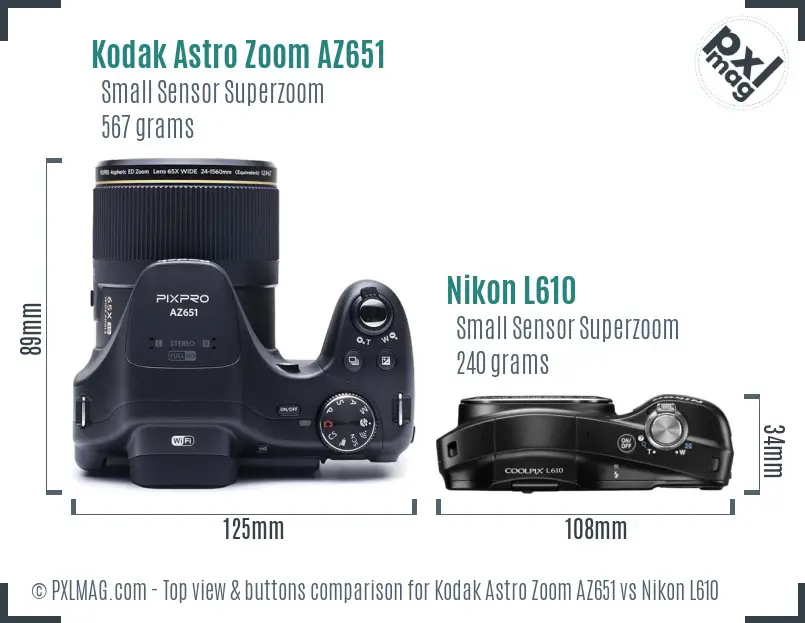 Kodak Astro Zoom AZ651 vs Nikon L610 top view buttons comparison